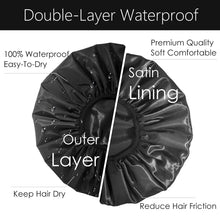Load image into Gallery viewer, Black Adjustable X-Large Shower Cap, Satin Lined shower Bonnet - waterproof reusable hair cap