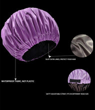 Load image into Gallery viewer, Purple Adjustable Large Shower Cap, Satin Lined shower Bonnet - waterproof reusable hair cap
