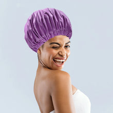 Load image into Gallery viewer, Purple Adjustable Large Shower Cap, Satin Lined shower Bonnet - waterproof reusable hair cap
