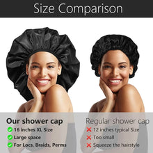 Load image into Gallery viewer, Black Adjustable X-Large Shower Cap, Satin Lined shower Bonnet - waterproof reusable hair cap

