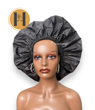 Load image into Gallery viewer, Black Adjustable X-Large Shower Cap, Satin Lined shower Bonnet - waterproof reusable hair cap
