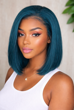 Load image into Gallery viewer, Teal Colored Straight Bob Transparent Lace Human Hair Wig 13x4 free Part 180% Density
