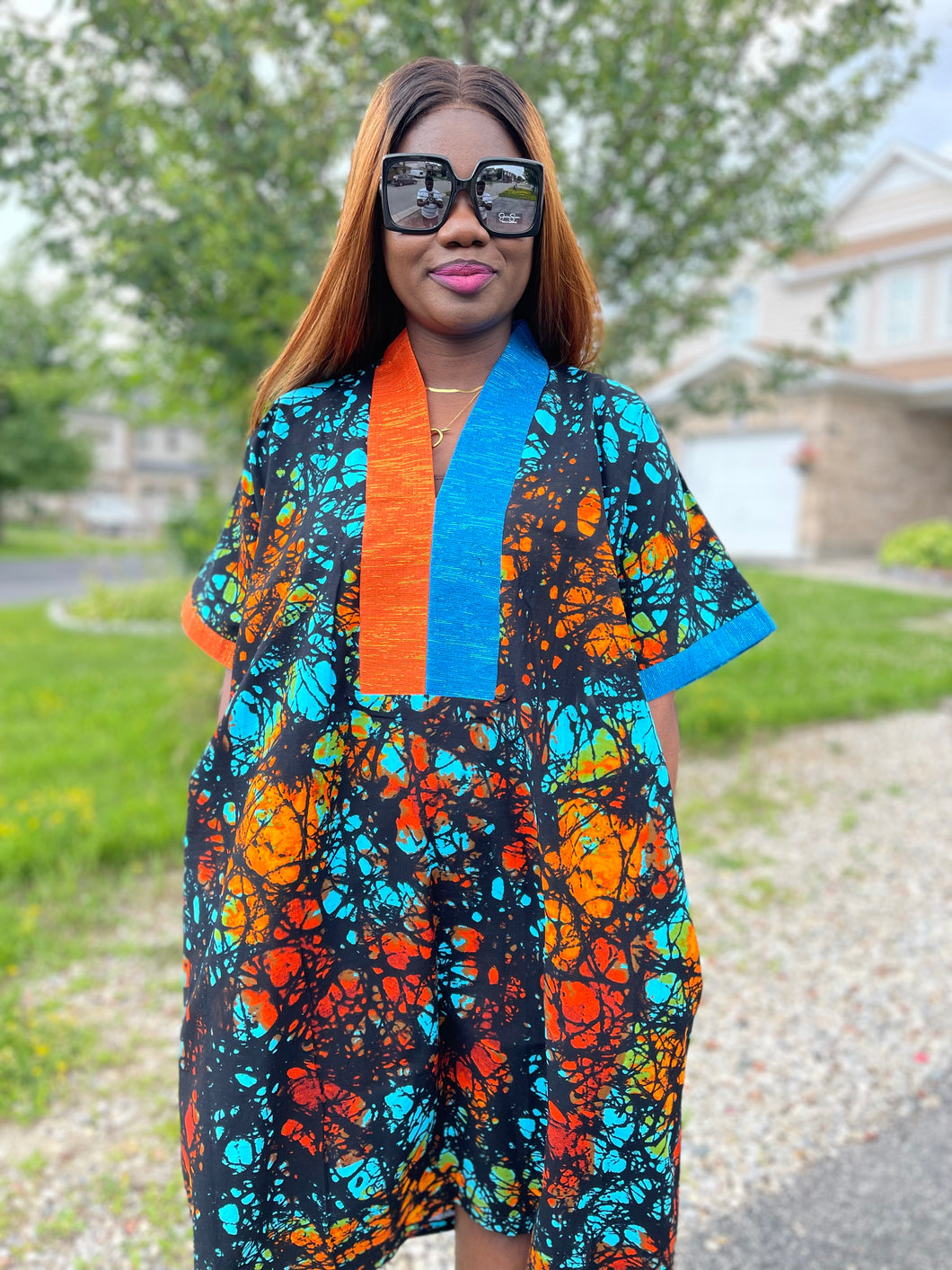 Tori Bubu Ankara short Dress 02 - Blue and Orange